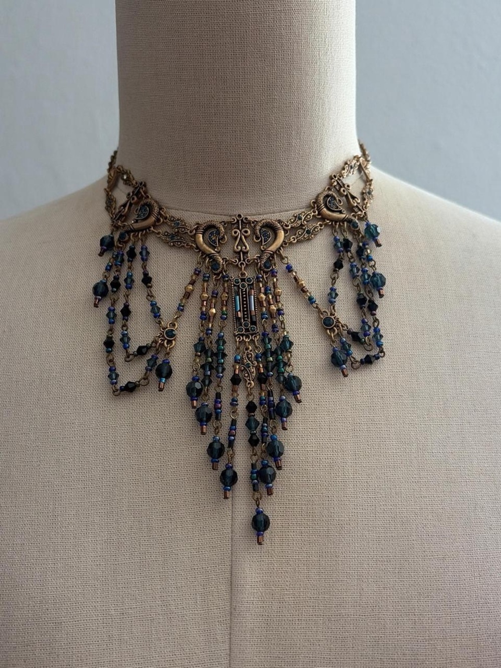 Vintage Blue & Gold Fairy Beaded Choker Necklace